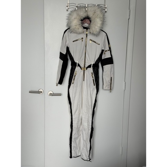 Luxury White Black Gold Fur Hooded Ski Suit Jumpsuit Women's Snowboard US 6 - Picture 3 of 16
